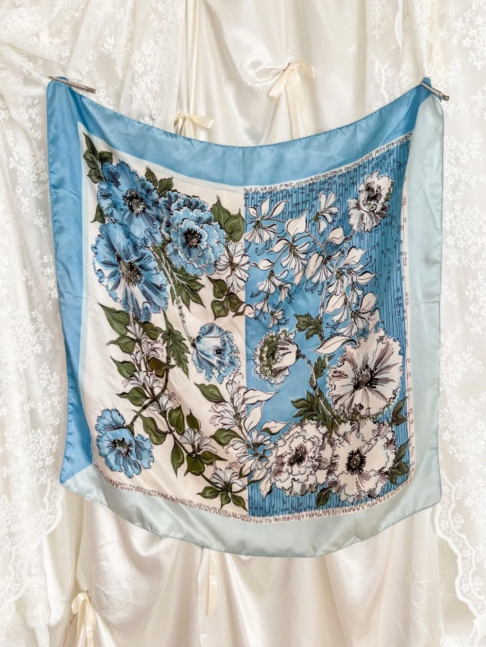 Vintage Blue Floral Scarf Large Square Romantic Bandana Top